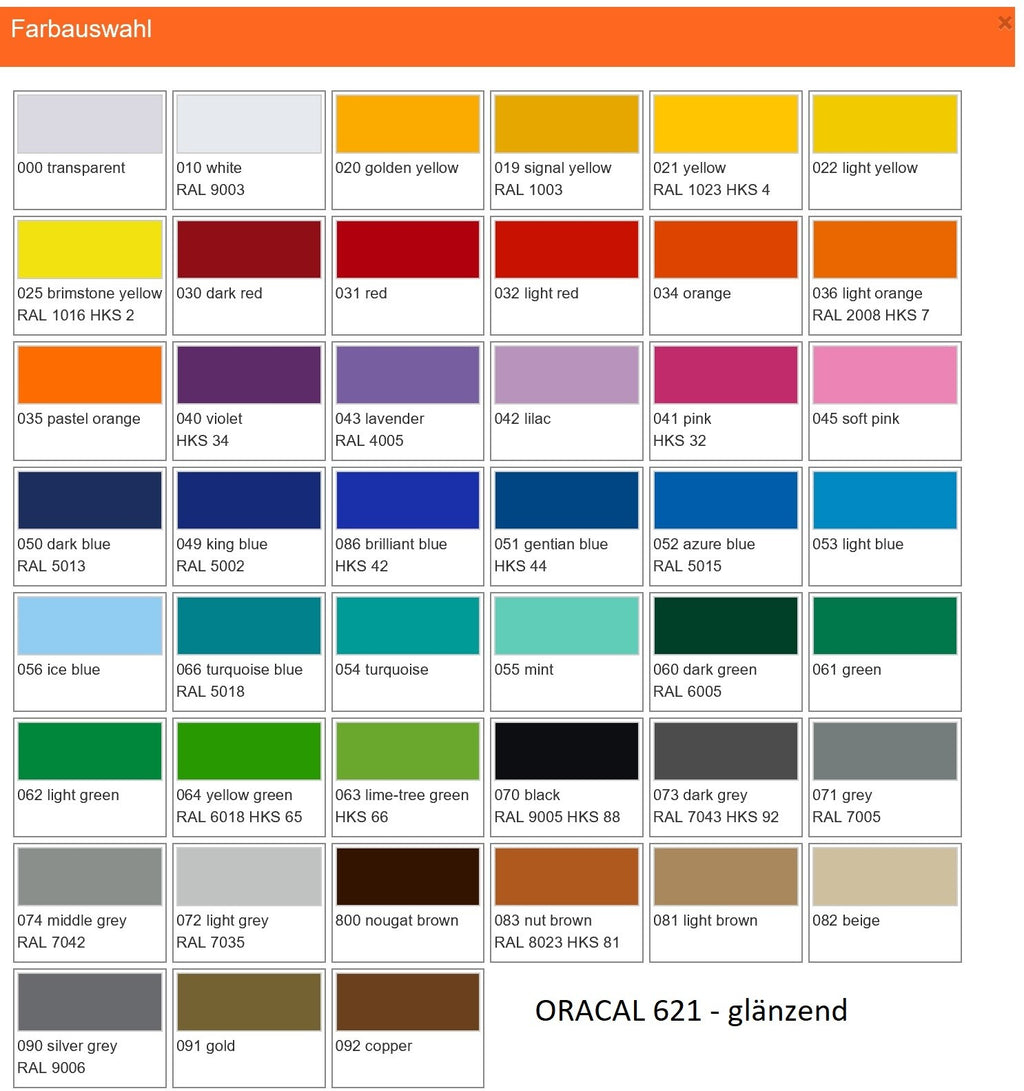 Farbauswahl Oracal 621 Folienfarben